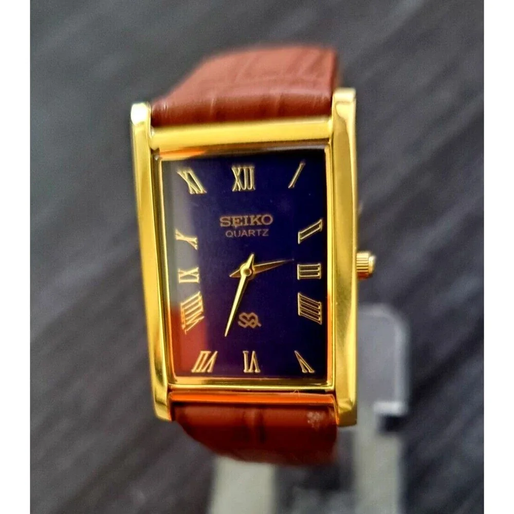 *RARE NOS Seiko Men's Rectangular Tank Gorgeous Gold Case Blue Dial Dress…‎